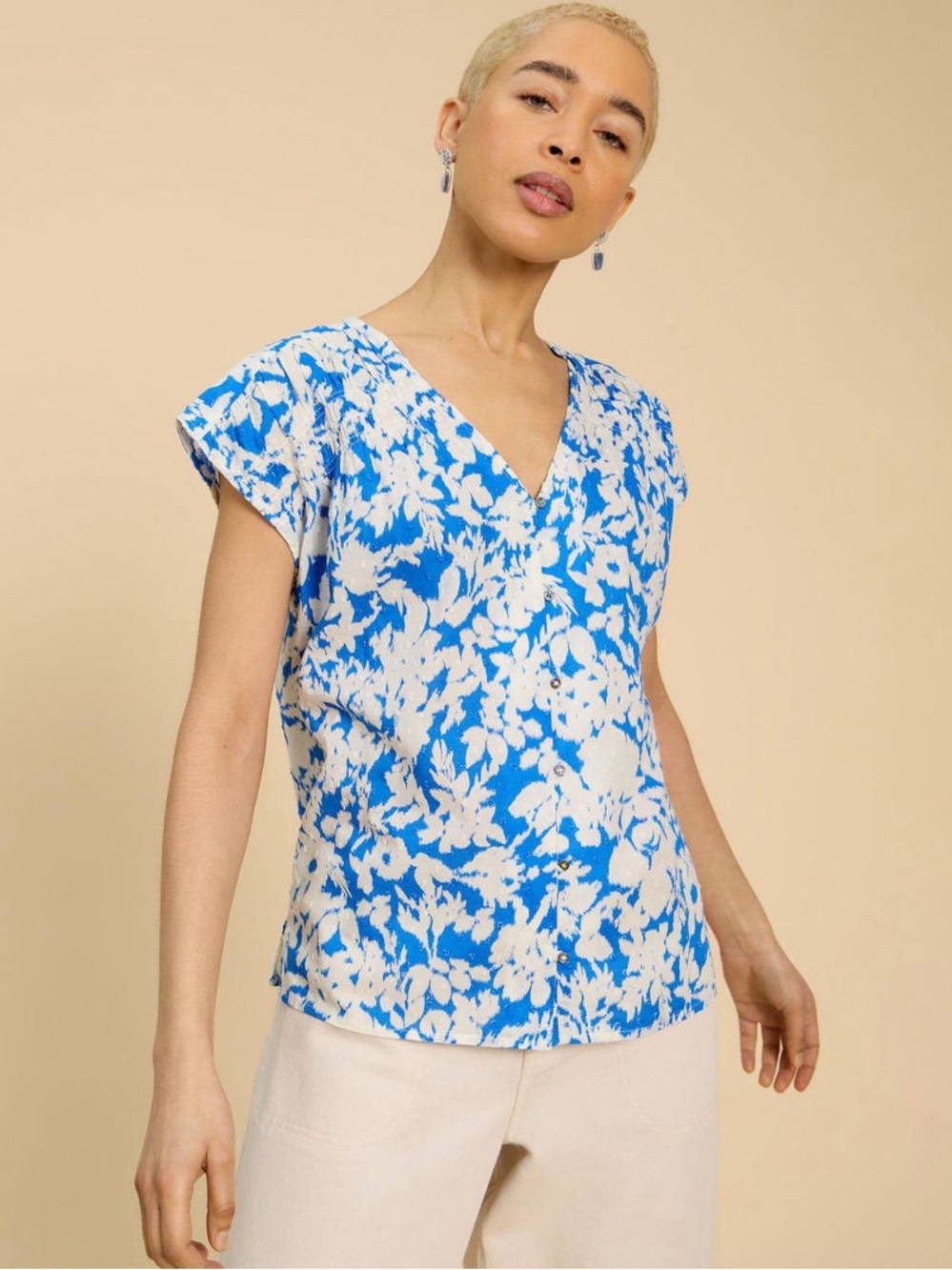 Modern Boho Coastal Relaxed Loose Blouse Short Sleeve Cotton White Stuff
